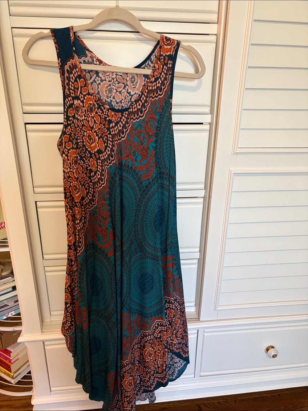 Sleeveless Teal and Rust Midi Dress - Comfortable Printed Tank Dress